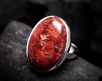 Large Unique Red Jasper Ring 8 | Sterling Silver Ring | AAA Beautiful Oval Genuine Natural Red Jasper Gemstone