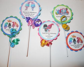24 Trolls party favors 2" hard candy swirl lollipops Personalized 2nd 3rd 4th 5th 6th 7th 8th 9th Birthday favors custom tags