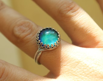 Crystal Color Change Mood Ring, Sterling silver, Crown Bezel, Non-tarnish, Adjustable, 12mm, Boho Festival Ring Free Gift