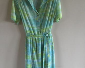 Vintage 80s Summer Dress Mint Green Floral Print Tea Party Dress Size M