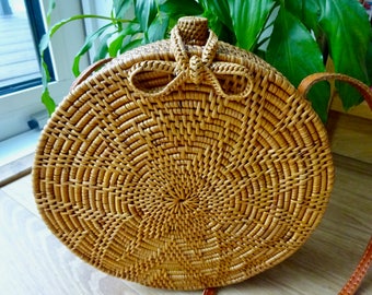 Lana Round Woven Rattan Bag, Shoulder Bag, Crossbody Bag, Basket Bag - woven bow closure