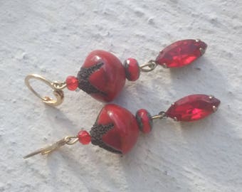 Earrings: Ceramic and Red rhinestones