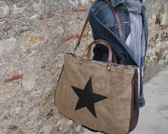 Large - burlap bag - leather - unbleached canvas