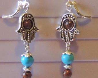 Hand of Fatima with turquoise howmite and Red Obsidian earrings