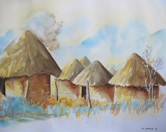 Watercolor squares African colors red and blue