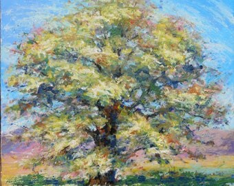 Grand chêne - peinture à l'huile sur toile de lin - arbre paysage d'été romantique ancrage à la terre personnage naturel vert bois forêt zen