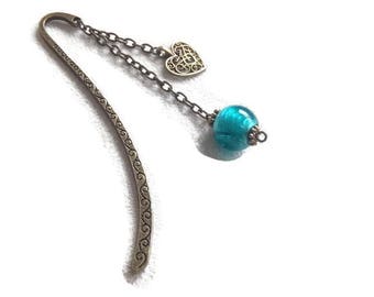 Bookmarks in antique bronze / Blue Bead/charm