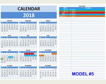 Excel calendar 2018 | Etsy