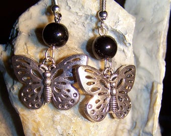 Earrings Butterfly & Black glass beads