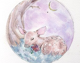 Sleeping fawn deer doe watercolour and ink pen illustration