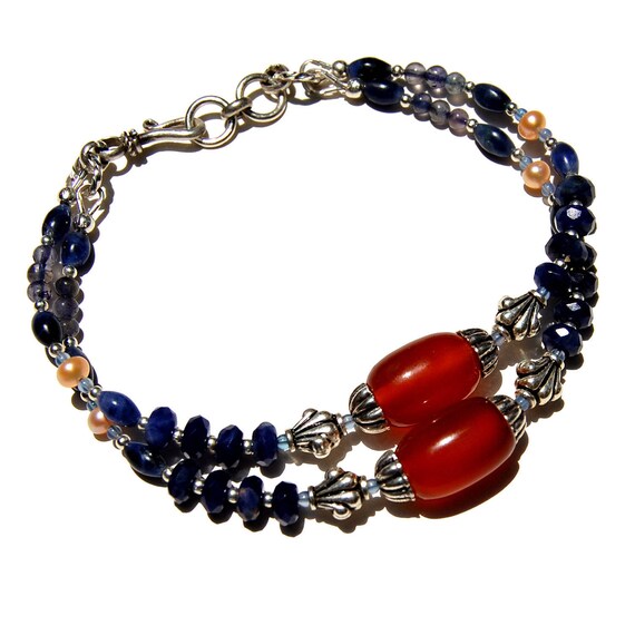 Orange and Blue Double Strand Gemstone Bracelet with