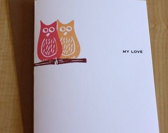Owl Love Greeting Card - Owl Card - Anniversary Owl Love Greeting Card - Hand Printed Owl Greeting Card