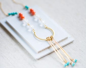 Turquoise Boho Necklace, Coral and Turquoise Necklace, Crystal Necklace, Bohemian Style Necklace, Paddle Necklace, Crescent Necklace