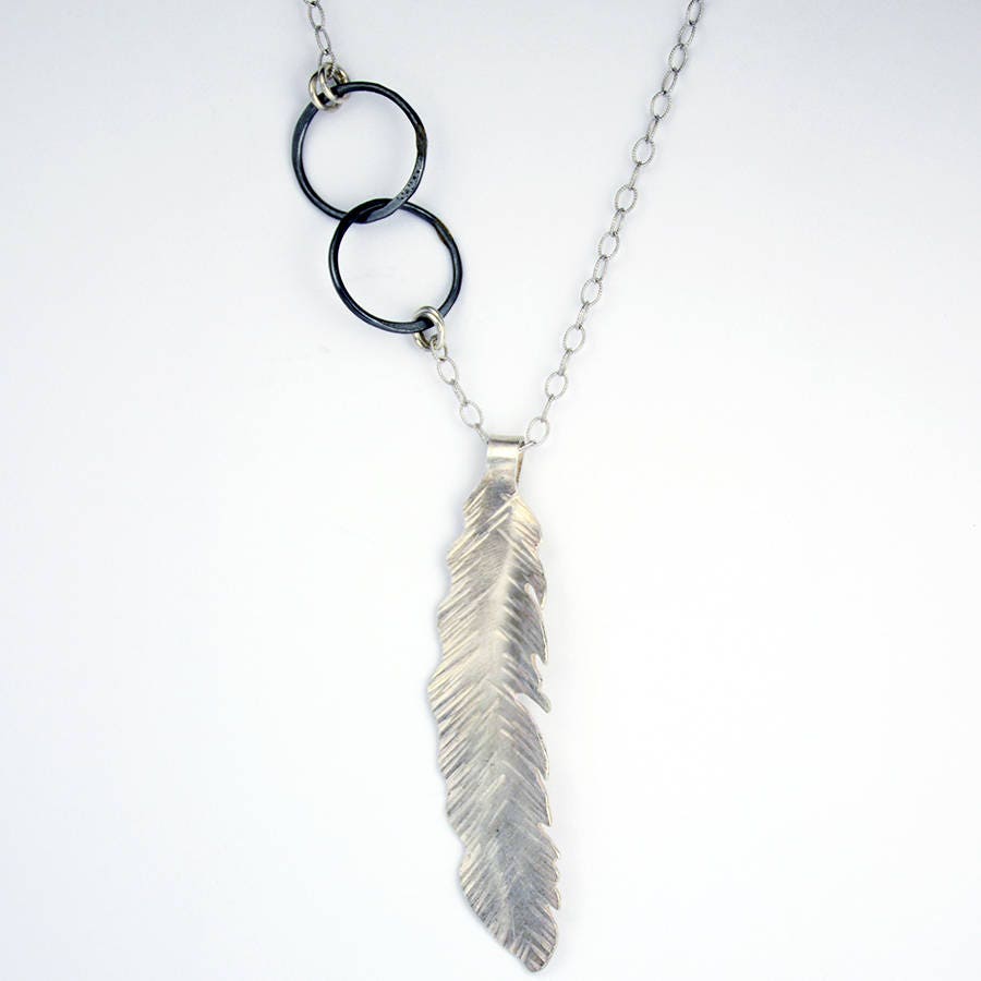 Silver Necklace Feather Necklace Bohemian Necklace Long