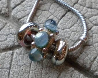Ivory Blue BHB Lampwork Beads by Cherie Sra R114 Big Hole Bead Silver Glass Dots Flameworked Bead Ivory Double Helix Dots 5mm hole Teal Blue