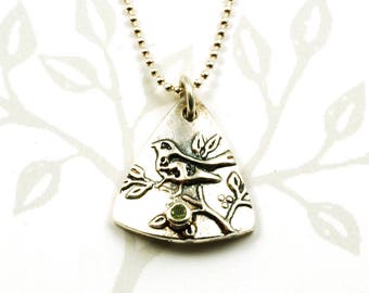 Peridot Wren Necklace - Sterling Silver and Natural Peridot Birthstone Bird Pendant, Wren Jewelry (other stones available)