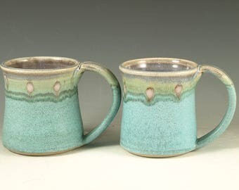 A Pair of Pottery Mug (12oz) in turquoise glaze large handle stoneware