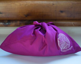 WINE Bento style cotton project bag with hand carved block print - knitting, crochet, lunch bag, gift bag, bento bag