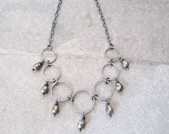 pyrite and silver necklace, elegant boho necklace, metalwork necklace, rustic oxidized jewelry