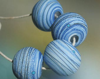 Blue Ivory Organic set - Etched Handmade Lampwork Hollow Beads Set SRA