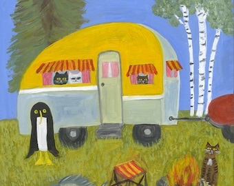 Misha goes camping. Original oil painting by Vivienne Strauss.