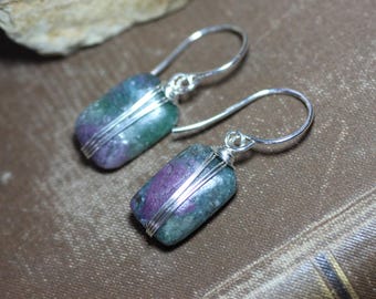 Ruby Kyanite Earrings Silver Wire Wrapped Turquoise Green Gemstone Earrings Rustic Jewelry