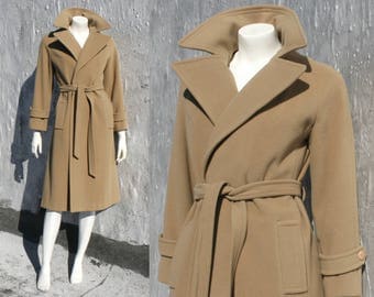 Tan Cashmere Wool Wrap Coat / Vintage 1960s 1970s Brown Khaki Camel Hair Belted Jacket Fall Winter Love Story Trenchcoat Women's Size XS S M