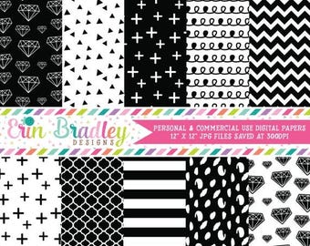 80% OFF SALE Digital Papers, Black & White Digital Paper Pack, Diamonds Triangle Striped Doodle and Cross Patterns, Digital Scrapbooking Pap