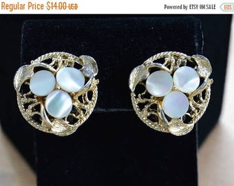 ON SALE Pretty Vintage Mother of Pearl, Gold tone Clip Earrings,"Amerique" (W5)