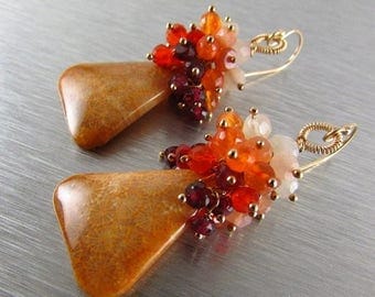 25 OFF Indonesian Fossil Coral, Rhodolite Garnet, Carnelian and Moonstone Gold Filled Cluster Earrings Earrings