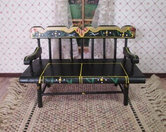 Vintage Shackman Dollhouse Miniature - Hand Painted Peasant Style Deacon's Bench - 1" Scale