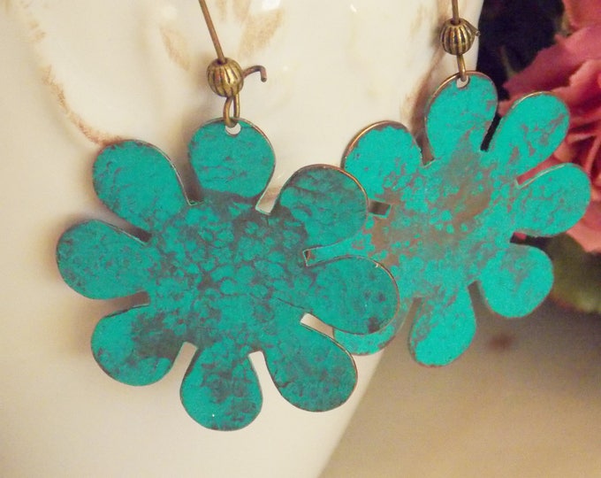 Verdigris Patina Brass Flower Earrings-Textured Blue Dangle Drop Bohemian Earrings -Daisy Earrings-Boho Earrings-Rustic Woodland Earrings