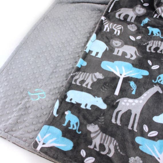 Personalized Minky Blanket / Animal Minky Baby Blanket Boy, Blue Gray Zoo Animal Blanket / Custom Baby Blanket / Animal Baby Blanket