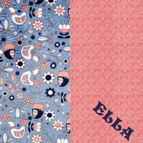 Baby Blanket, Personalized Minky Baby Blanket Girl Coral Navy Owl Birds - Nursery Decor / Mint Baby Blanket / Name Baby Blanket