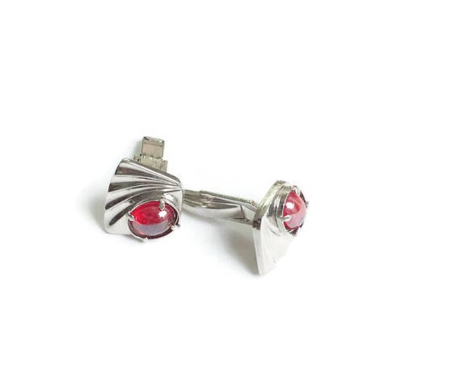 Red Glass Cabs Cuff Links Cufflinks Silver Tone Modernist Vintage