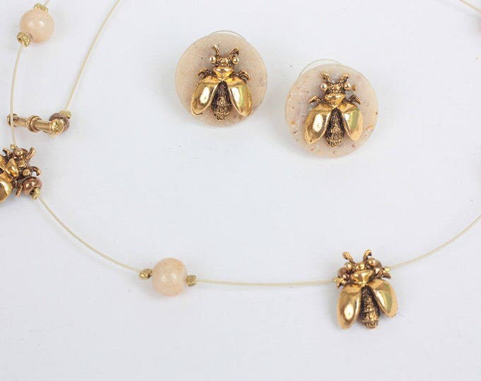 Bees Necklace and Post Earrings Set Gold Tone Vintage