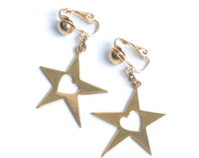 Star Dangle Earrings Heart Cut Out Gold Tone Clip On Vintage