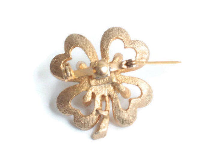 Four Leaf Clover Pin Faux Pearl Clear Rhinestones Signed JJ Gold Tone Smaller Vintage Pin