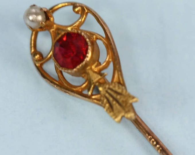 10K Gold Stickpin Simulated Ruby and Seed Pearl Victorian Pin