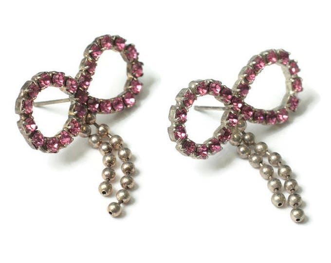 Pink Fuchsia Rhinestone Earrings Bow Shape Ball Chain Dangles Posts Vintage