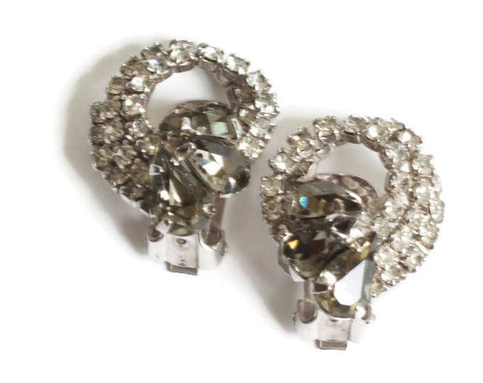 Vintage Rhinestone Clip On Earrings Clear Chatons Smoky Gray Pear Stones