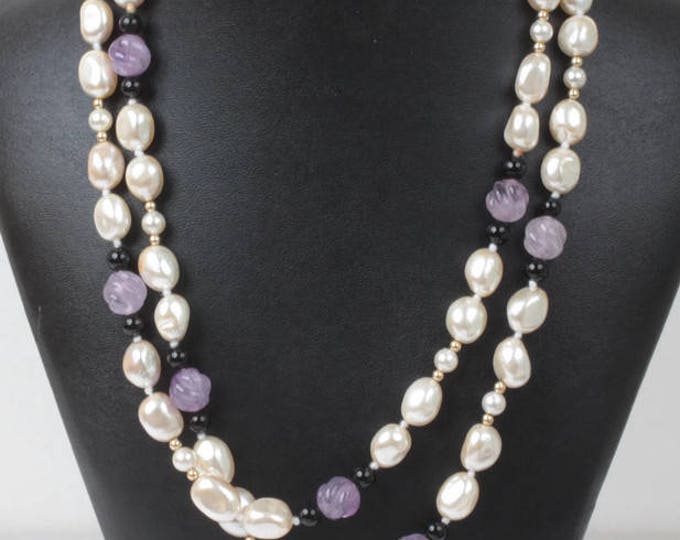 Faux Pearl and Lavender Glass Bead Necklace 40 Inch Rope Length Vintage