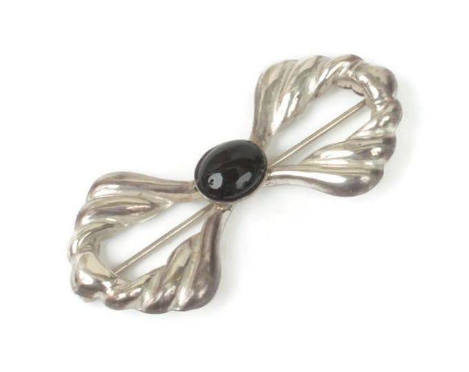 Sterling Silver and Onyx Bow Pin Brooch Open Repousse Design Vintage