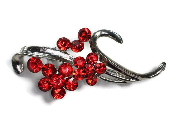 Red Rhinestone Flower Brooch Pin Silver Tone Metal Vintage