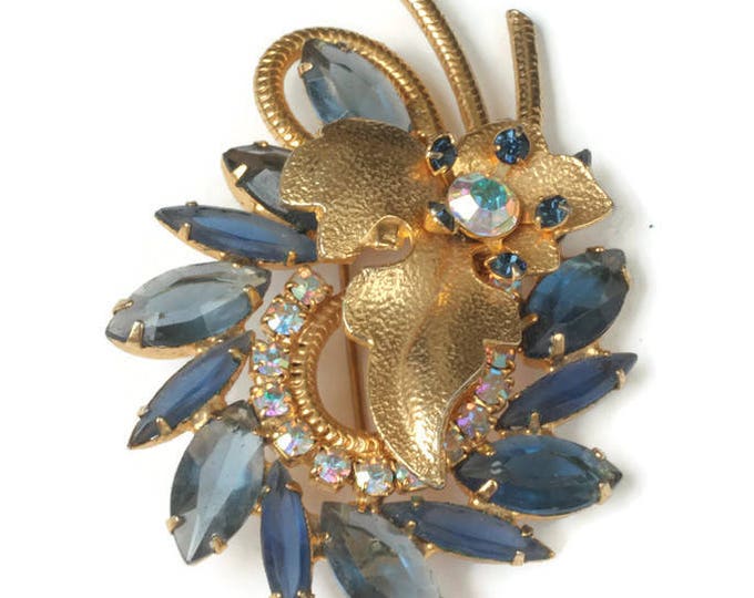 Juliana D and E Blue Rhinestone Brooch Gold Leaf Accent Wide and Narrow Navettes Book Piece 1962