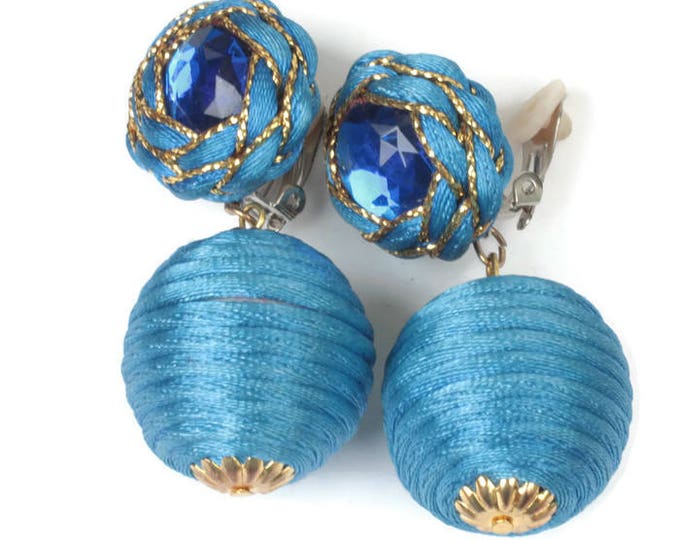 Blue Ball Dangle Earrings Cord Wrapped Handmade Large Statement Clip On Vintage