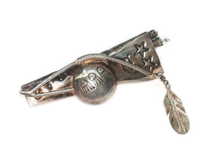 Native American Sterling Brooch Hunting Bow and Quiver of Arrows Symbols Stars Feather Vintage