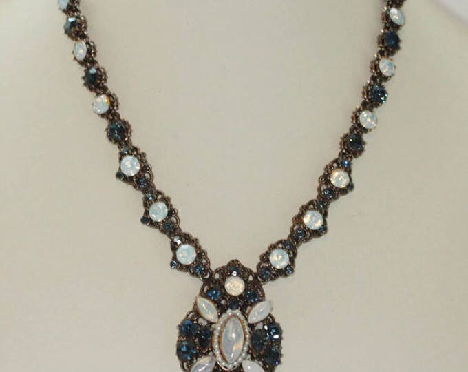 Blue Rhinestone Opalescent Stone Necklace Unsigned Weiss Fancy Setting Antiqued Gold Tone