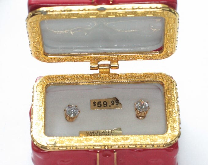 CZ Simulated Diamond Post Earrings with Red Ceramic Trinket Box Bow and Hearts