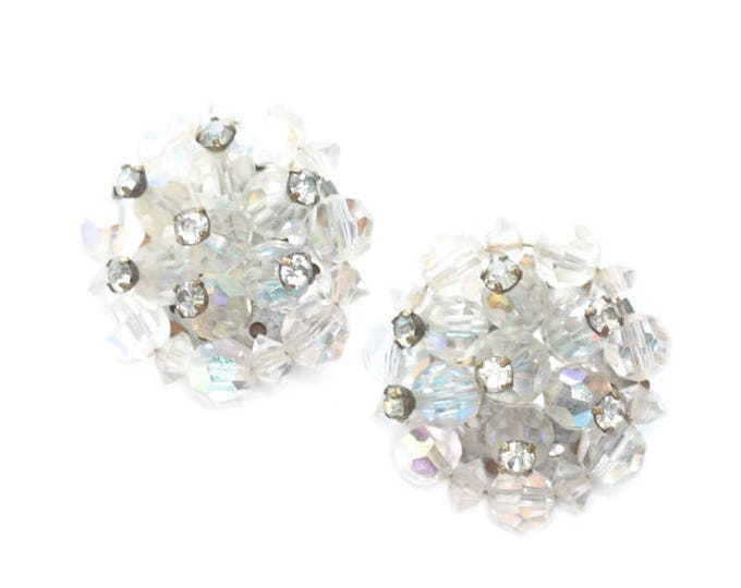 Aurora Borealis Crystal Earrings Cluster Rhinestone Accents Clip On Style